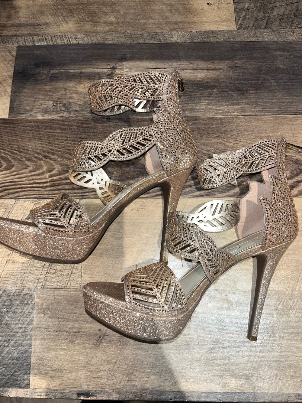 Jessica Simpson Rose Gold Glitter Laser-Cut Platform Stilettos